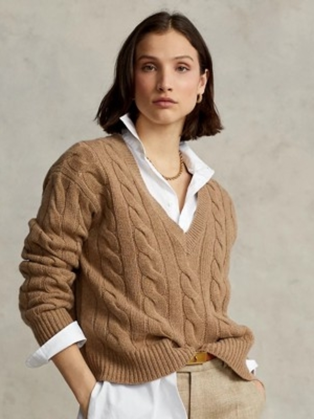 Ralph Lauren Camel V-Neck Wool-Cashmere Sweater 70%wool 30% Cashmere